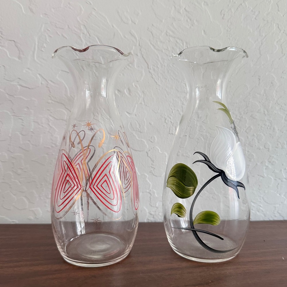 Vintage Vase Set‎ (2) Glass Floral Butterfly Clear Cottagecore Countrycore